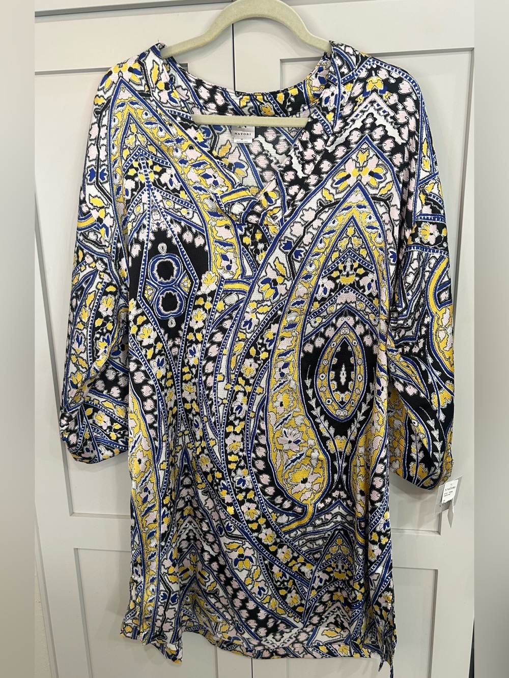 Natori Multi-Color Paisley Tunic Top — Navy, Yellow Medium